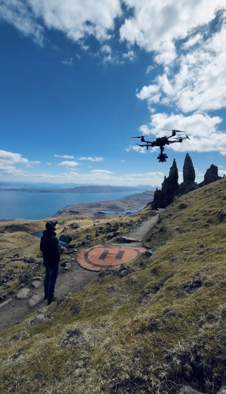 Cinema drone flying at the Old Man of Storr on the Isle of Skye